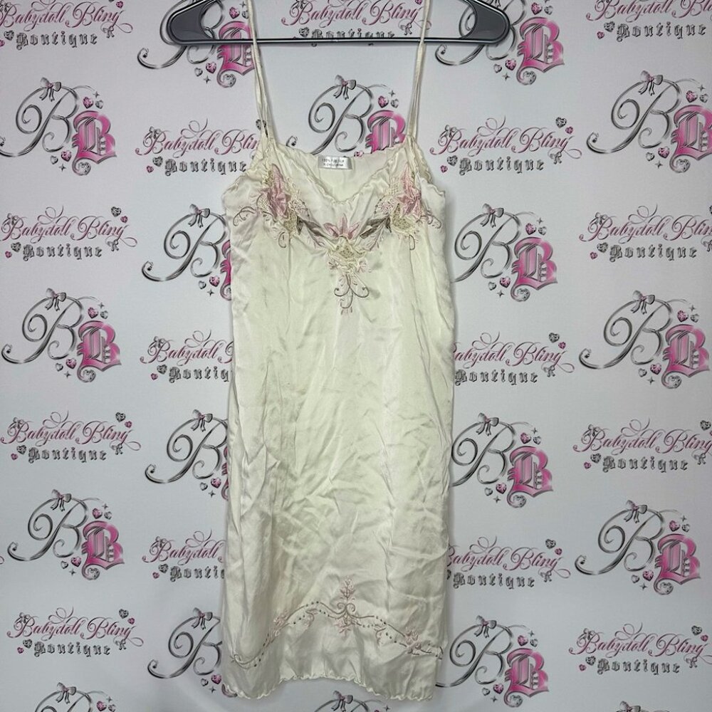 Dress 100% silk white embroidery floral flowers light pink slip mini vintage